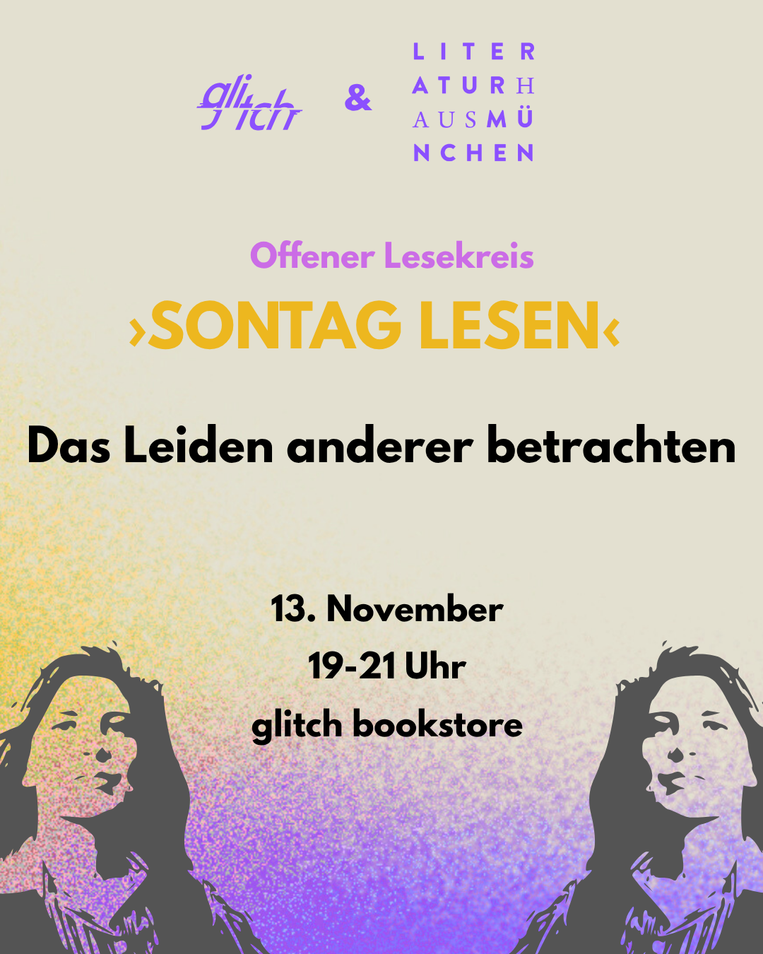 Plakat für den offenen Lesekreis "Sontag Lesen" zum Thema "Das Leiden anderer betrachten" im glitch am 13.11.25 um 19 Uhr