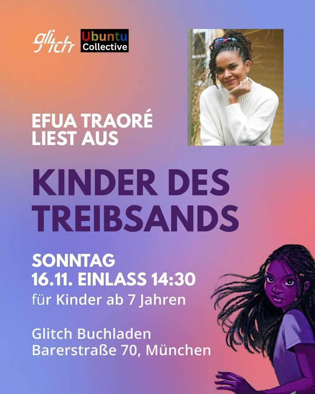 Plakat für Kinderbuchlsesung: Efua Traoré liest aus "Kinder des Treibsands"