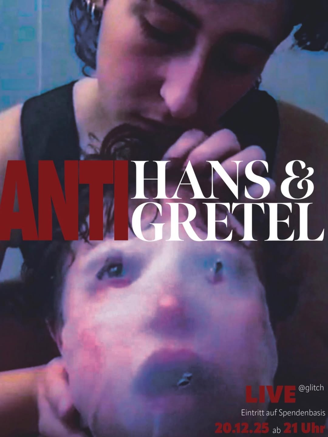 Plakat für live premiere von Anti-Hans und Anti-Gretel im glitch bookstore am 20.12.2025 um 21 Uhr