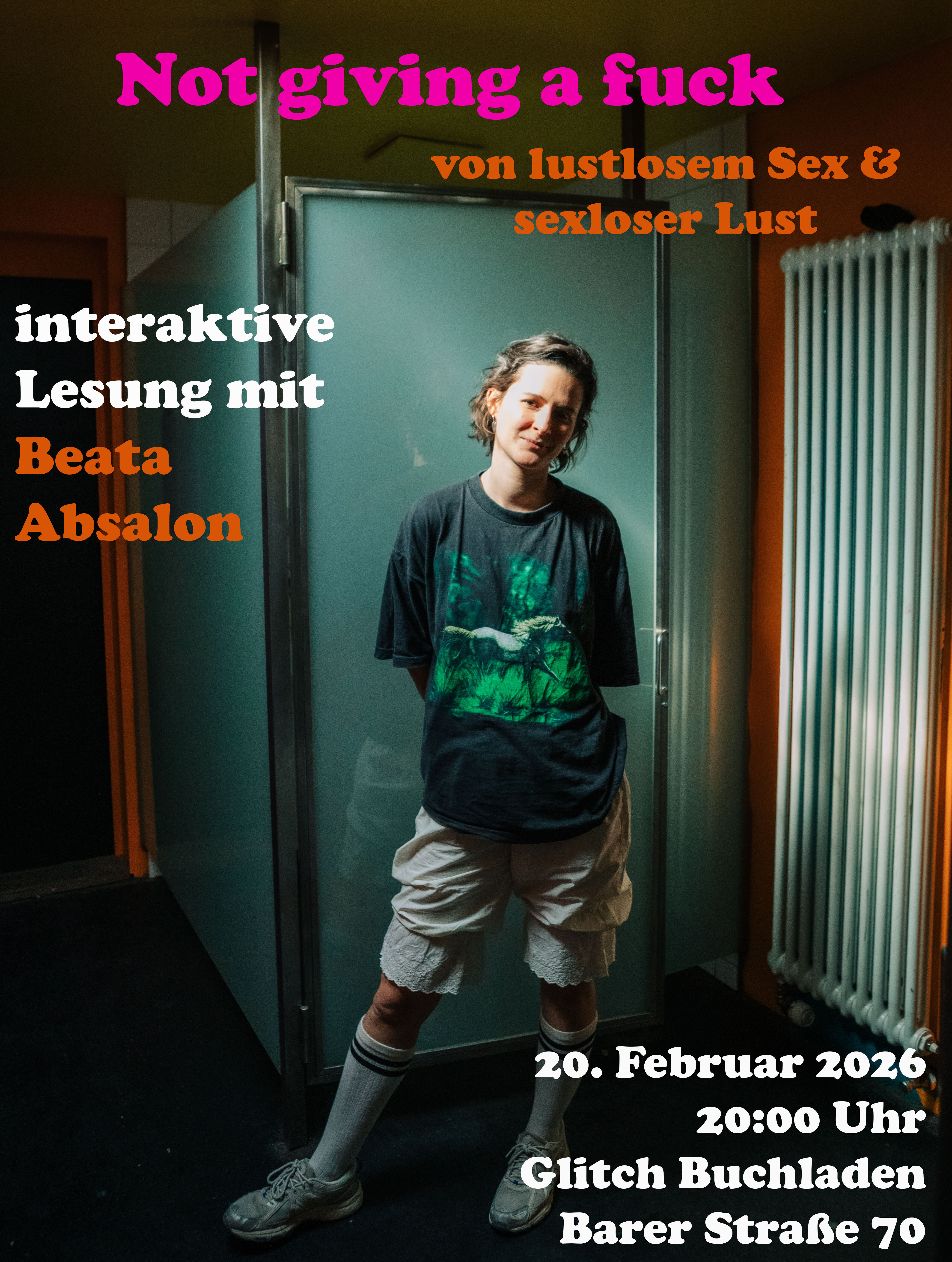 Veranstaltungsplakat: Interaktive Lesung "Not giving a fuck" von Beata Absalon am 20. Februar 2026, 20 Uhr im glitch bookstore
