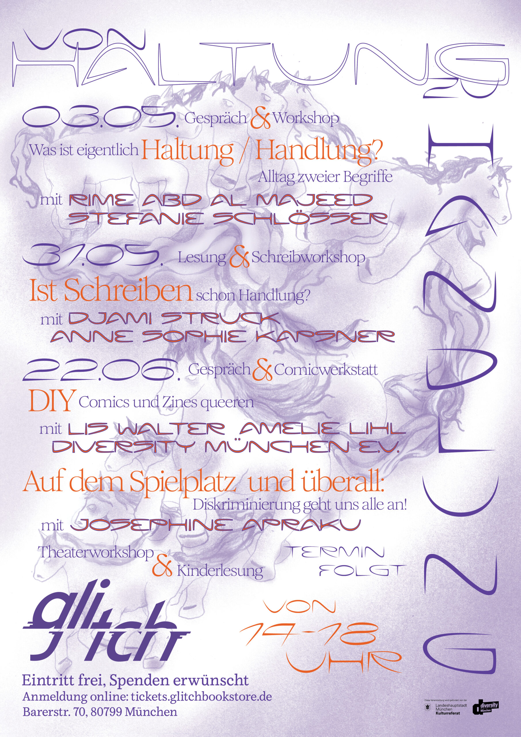 Poster für die literarische Reihe "Von Haltung zur Handlung" des glitch bookstore in München