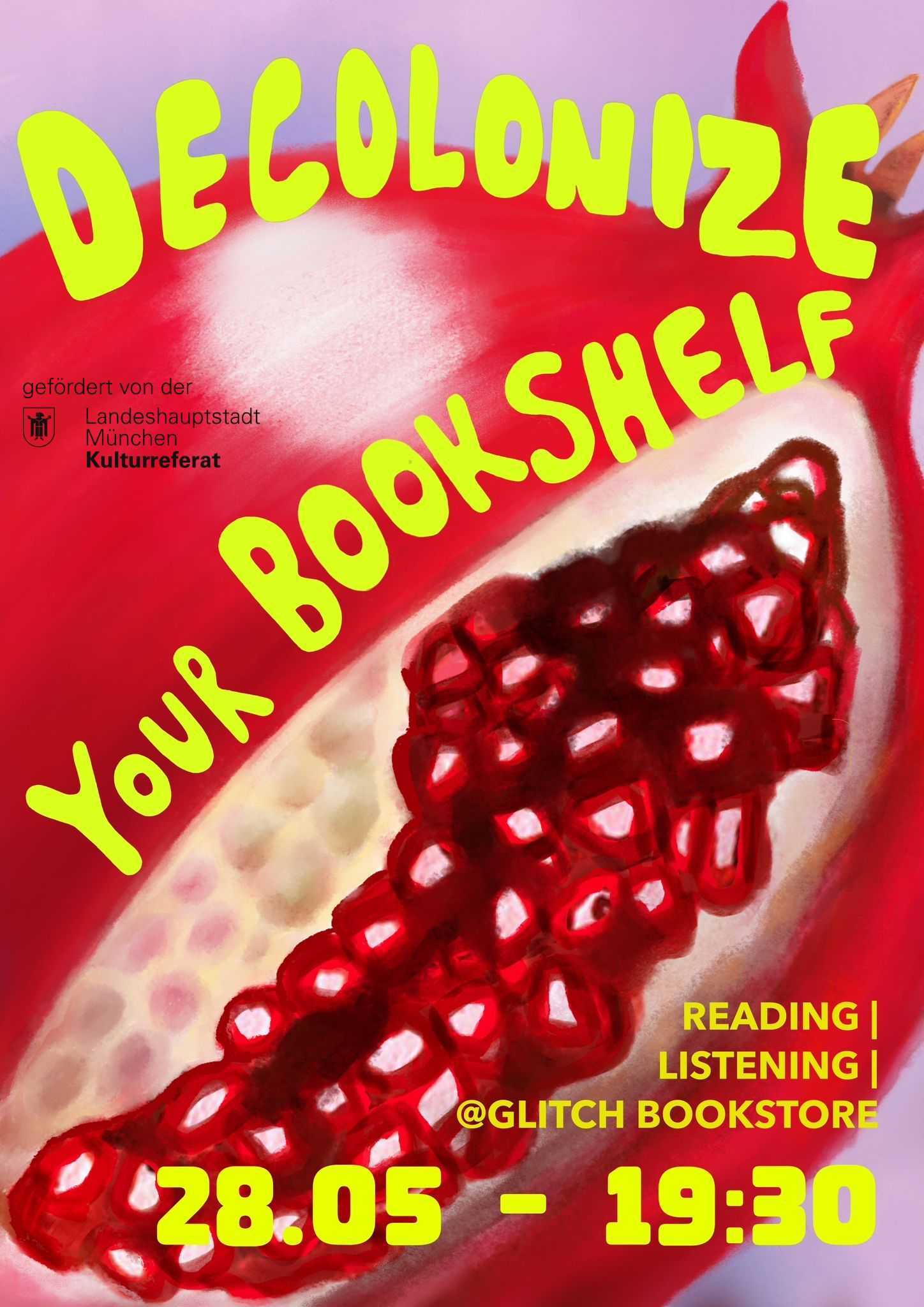 Flyer zur decolonize your bookshelf veranstaltung im glitch am 28.05.2026 ab 19:30