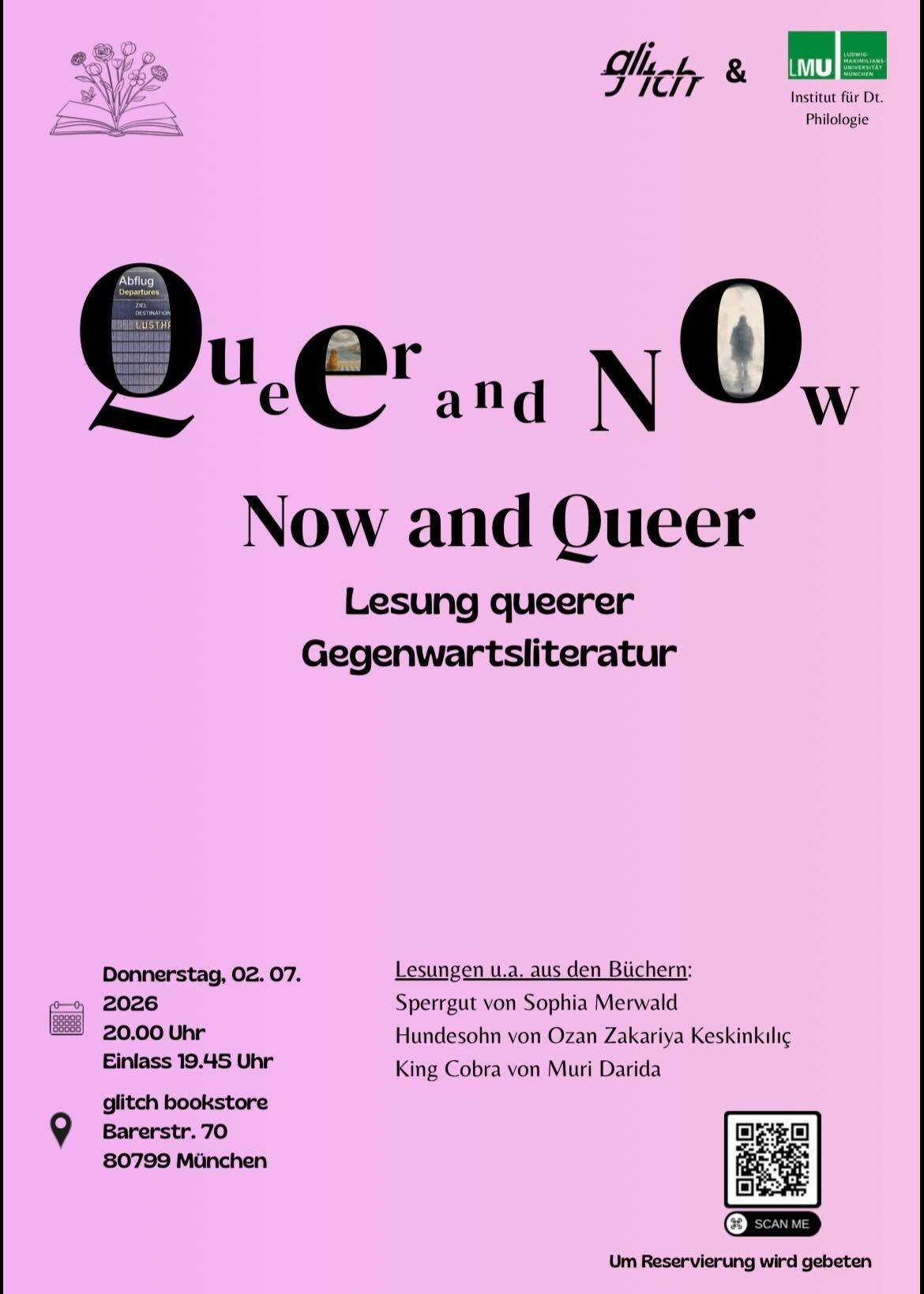 Poster für Lesung "Queer and now - now and queer" im glitch Buchladen am 2. Juli 2026