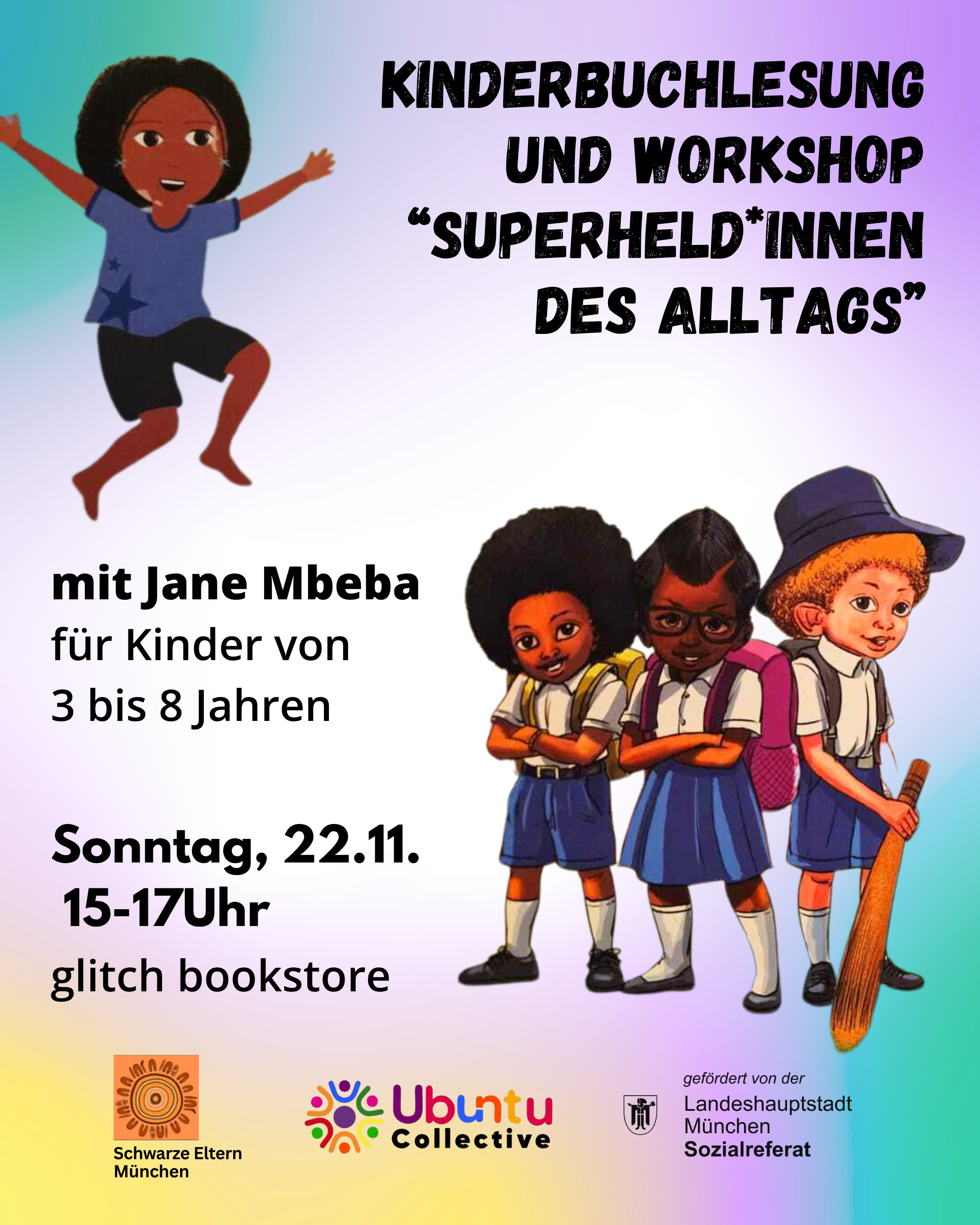 Sharepic für Kinderbuchlesung mit Jane Mbeba am 22.11.2026 im glitch bookstore