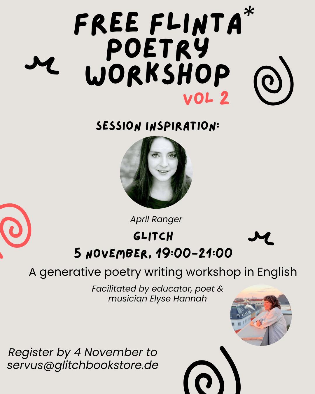 Sharepic für FLINTA* Poetry Workshop im glitch Bookstore am 5.11.2026